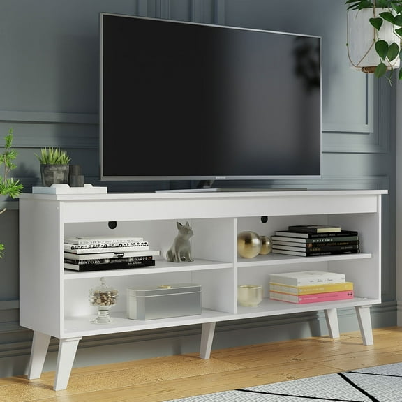Madesa Compact TV Stand Cabinet with 4 Shelves and Cable Management for 50, 55 Inch TV Media Storage Unit Living Room and Bedroom Wooden Television Media Console - White