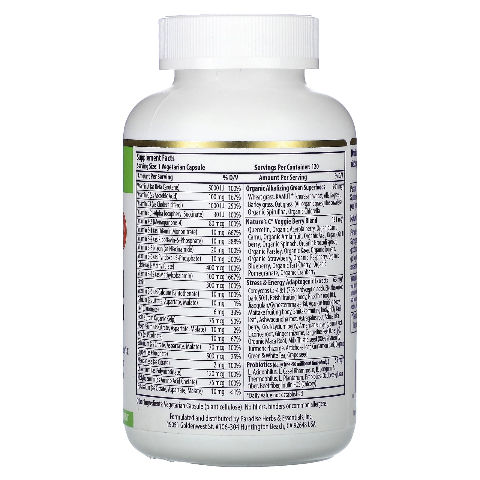 Paradise Herbs Earth's Blend, One Daily Superfood Multi-Vitamin with Iron, 120 Vegetarian Capsules