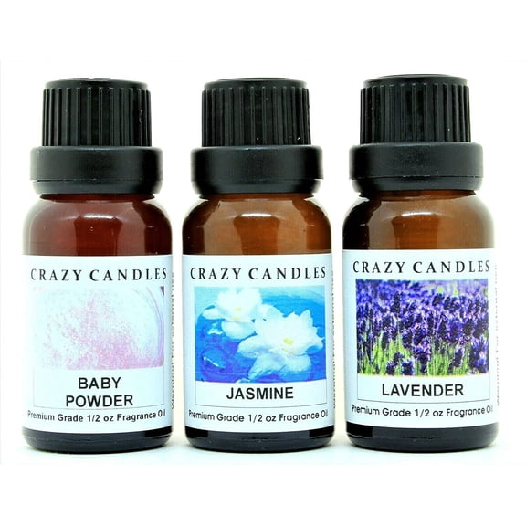 Crazy Candles 3 Bottles Set, 1 Baby Powder, 1 Jasmine, 1 Lavender 1/2 Fl Oz Each (15ml) Premium Grade Scented Fragrance Oils