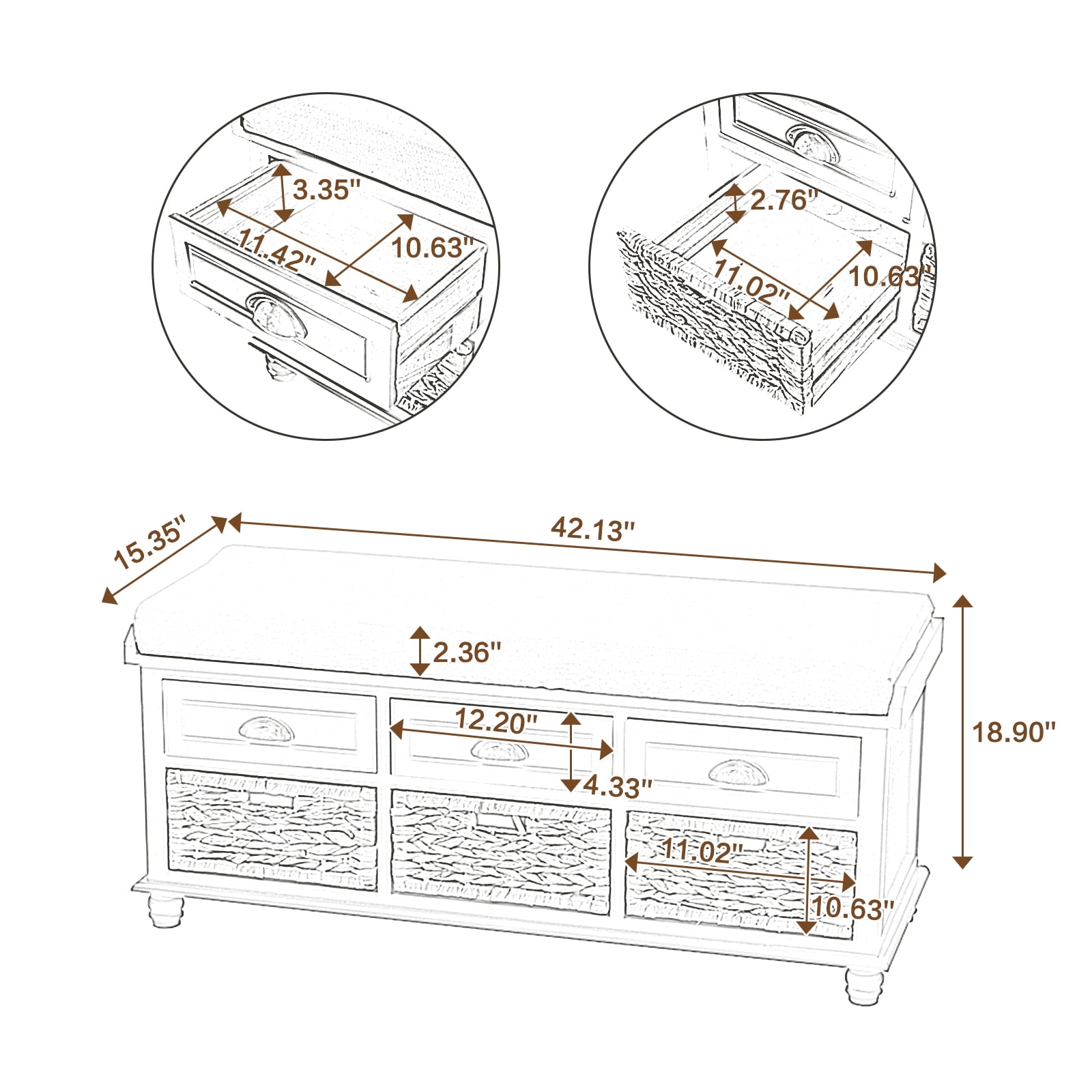 Kepooman Storage Bench Cube, Removable Cushion Storage Chest with 3 Drawers & 3 Rattan Baskets for Entryway, Hallway, Living Room, Bedroom, White Kepooman Storage Bench Cube, Removable Cushion Storage Chest with 3 Drawers & 3 Rattan Baskets for Entryway, Hallway, Living Room, Bedroom, White