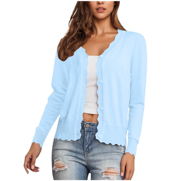 Womens Long Sleeve Knit Cardigans Lightweight Button Up Cardigan Sweater Fall Casual V-Neck Thin Jacket Light Blue, XL