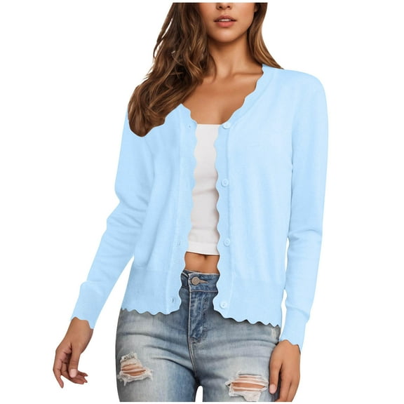 yardsong Women's Bolero Shrug Scallop Trim V-Neck Open Front Button Down Cardigan Long Sleeve Sweater Shrug Light Blue,L