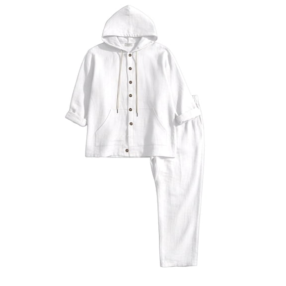 IWRICH Men's 2 Pieces Linen Set Casual Long Sleeve Button down Hoodies Beach Loose Fir Pants Summer Outfits White XL