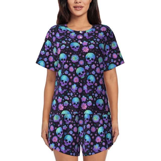 Fotbe purple Skull flower Conjunto de Pijama Estampado para Mujer, 2 Piezas, Ropa de Dormir con Camiseta de Manga Corta y Shorts Suaves-4X-Large