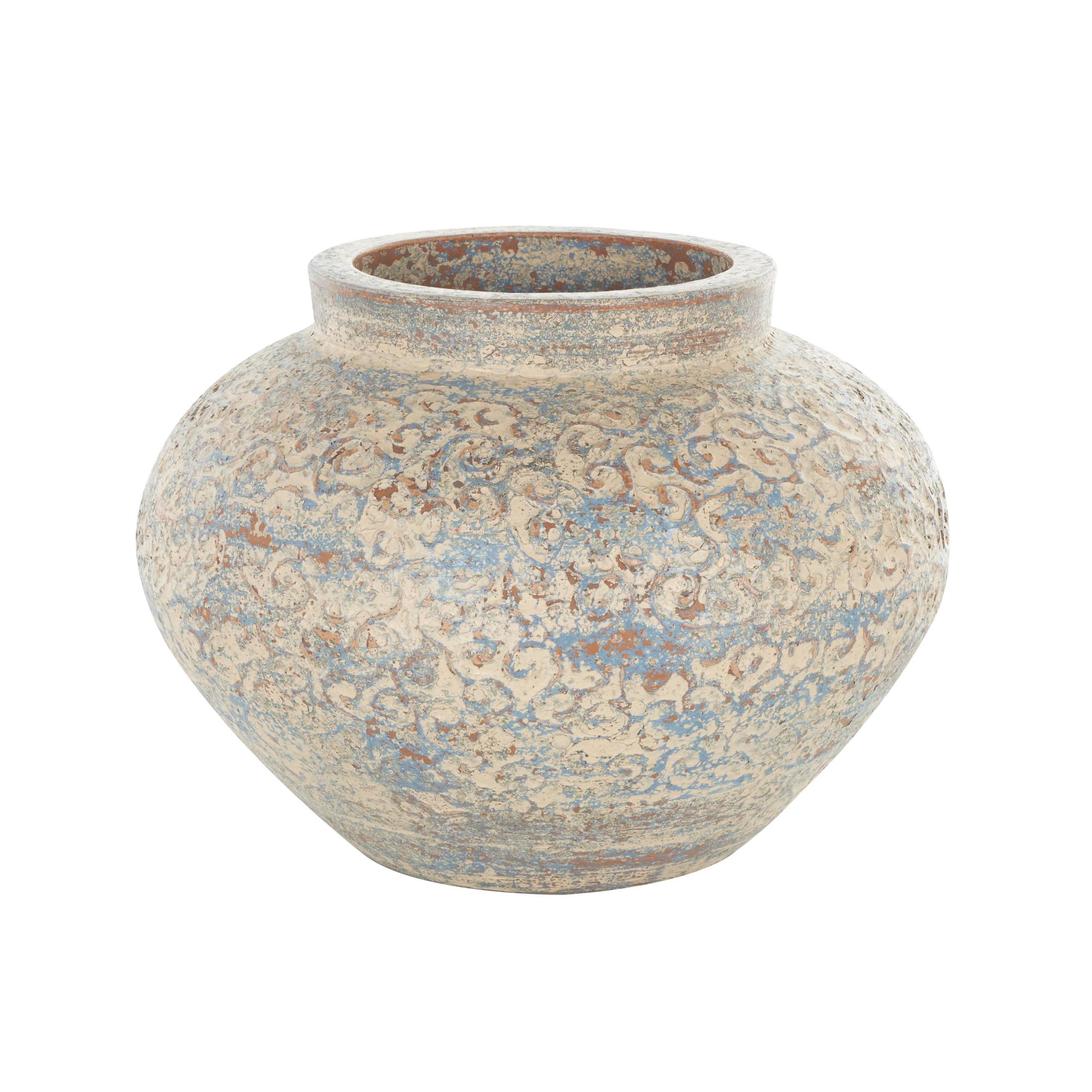 DecMode 10" Scroll Handmade Antique Style Wide Rounded Beige Ceramic Vase with Blue and Copper Accents