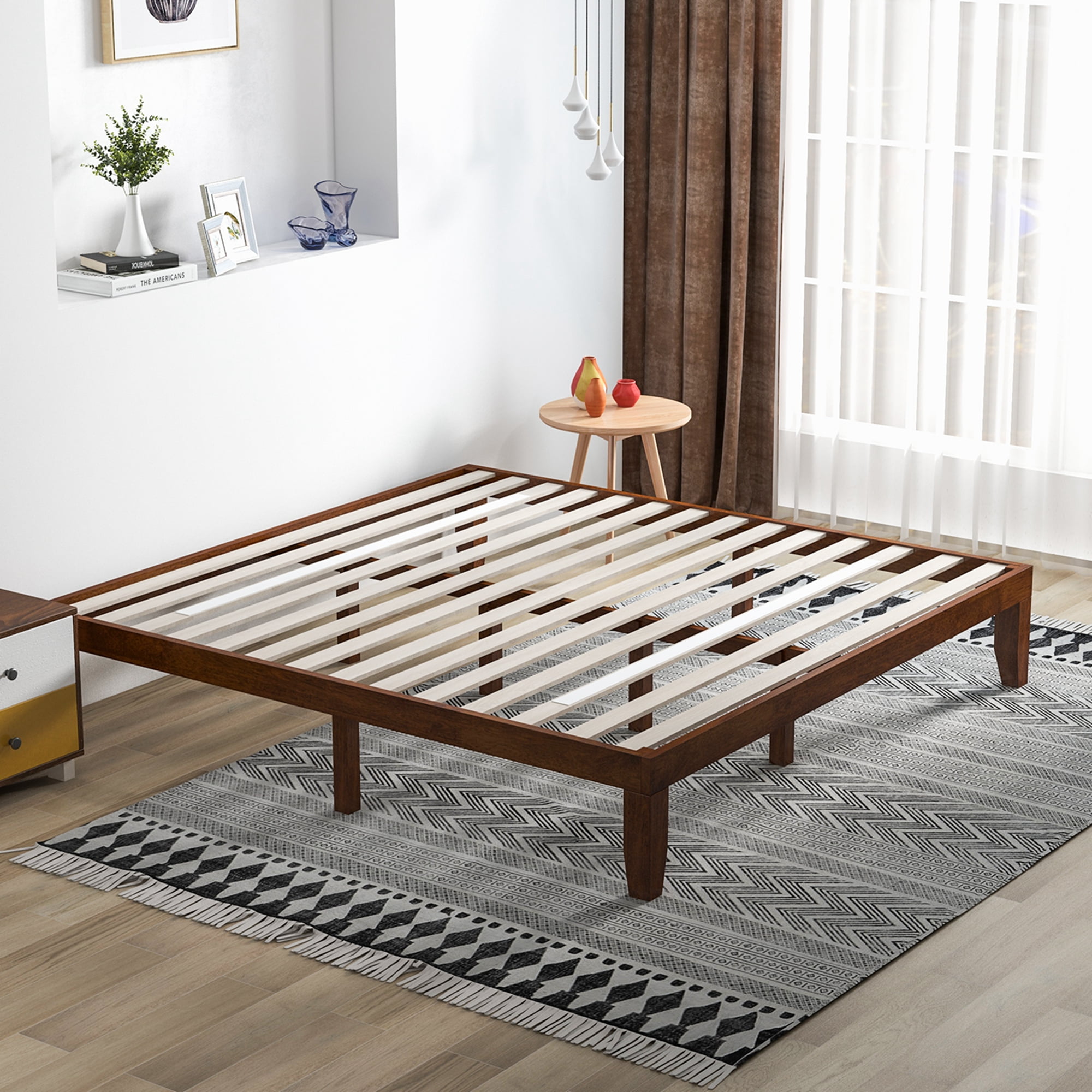 Costway King Modern Rubber Wood Plywood Standard Bed, Brown Cherry