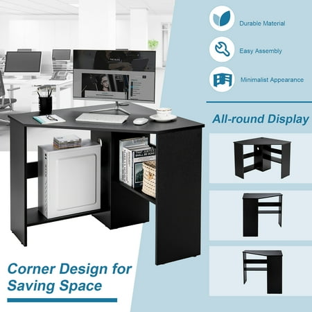 Costway Corner Computer Desk Triangle Writing Workstation w/ Storage Shelf - Black