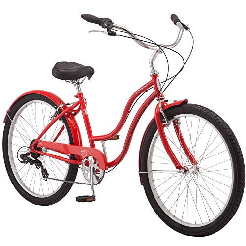 Schwinn Mikko Adult Beach Cruiser Bike, Featuring 17-Inch/Medium Steel Step-Over Frames, 7-Speed Drivetrains, Red