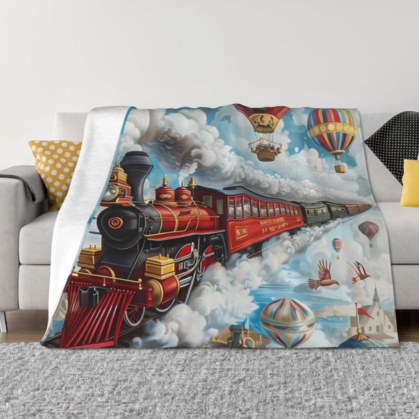 Balery Red Train Hot Air Balloon Manta de Franela con Dibujo, Lujo Ultra Suave y Cálido, Antipelusa y Resistente a las Arrugas para Cama, Sofá, Camping -50"x40"