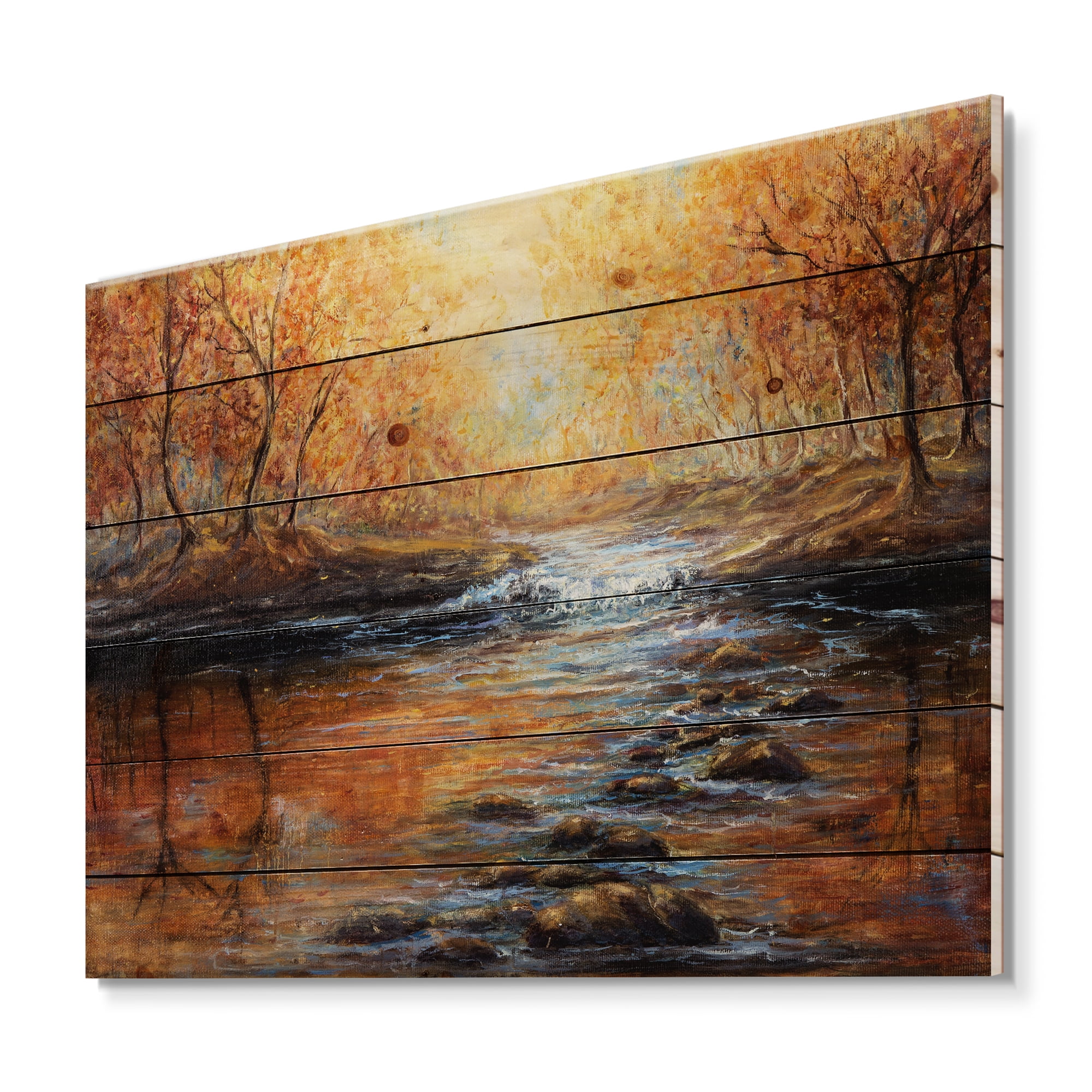 Designart 'Sunrise Glow In The Autumn Forest' Lake House Print on Natural Pine Wood