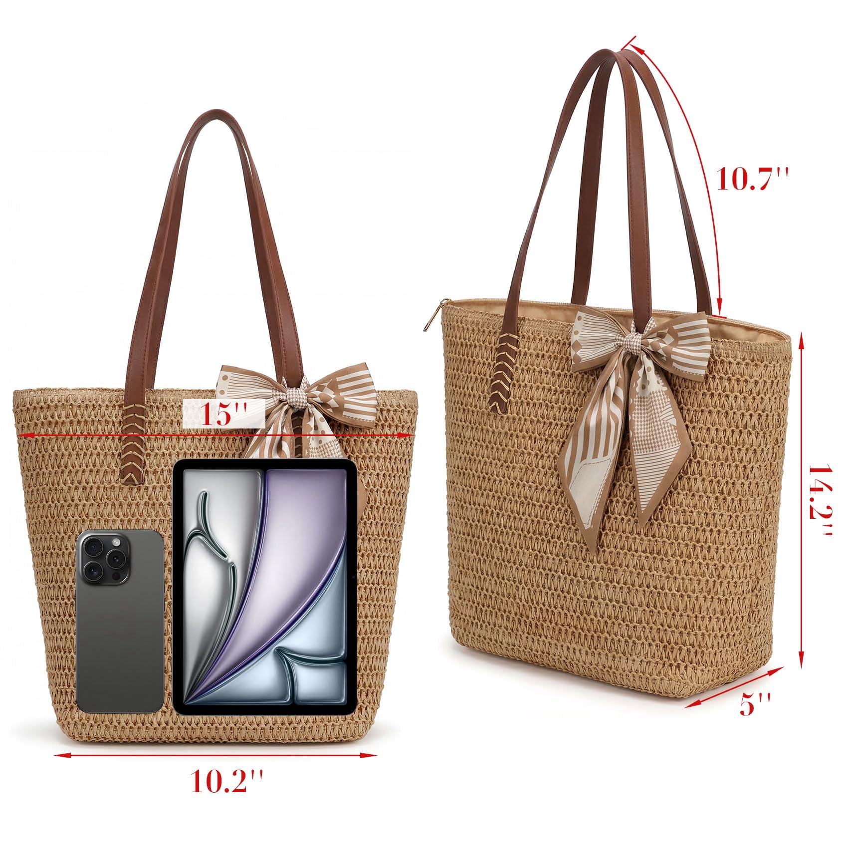 Summer Beach Crochet Bags for Women Knit&Straw Woven Tote Soft Fabric Boho Shoulder Bag for Vacation Shopping