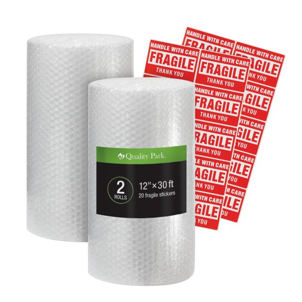 Rollos de envoltura para cojines de Quality Park Embalaje protector duradero de 30 pies para artículos frágiles Suministros de mudanza y envío 20 pegatinas ""Fragile"" incluidas 12"" x 30' Transparent