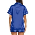 thumbnail image 3 of Silk Sets for Women Short Sleeve Loungewear Soft Button Down Loungewear 2 Piece Satin Shorts Set Royal Blue 2XL, 3 of 4