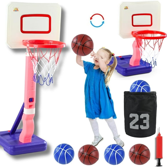 Toddler Kids Basketball Hoop, Height-Adjustable Indoor & Outdoor Portable Basketball Goal for Swimming Pool & Poolside Play, Playset for Boys & Girls with 4 Balls, 1 Gym Bag, 1 Pump, Pink