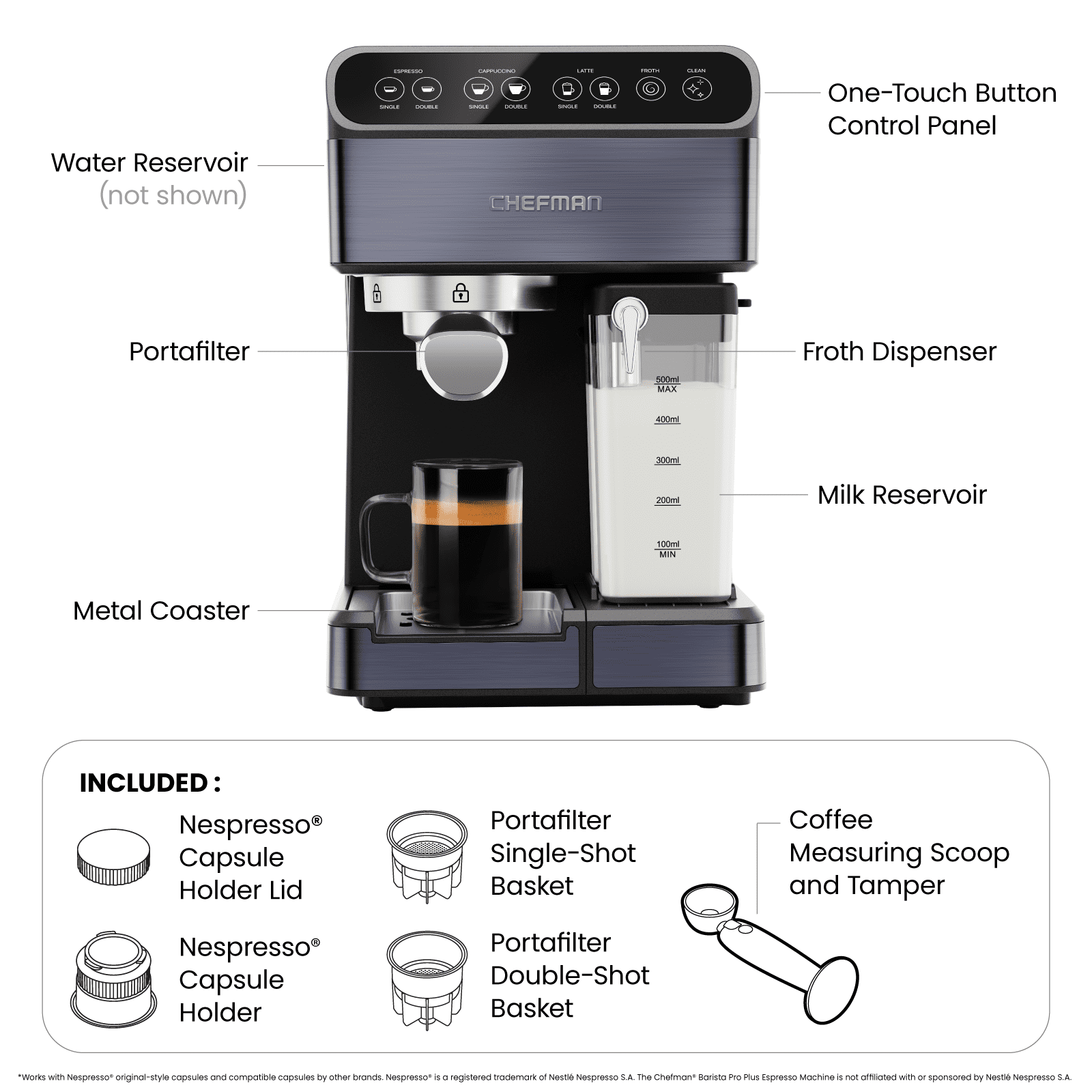 Chefman Espresso Machine, 7.5 Cups, Stainless Steel Black, Digital Barista  Pro Plus Espresso Machine with Milk Frother RJ54-BP-BLACK - The Home Depot