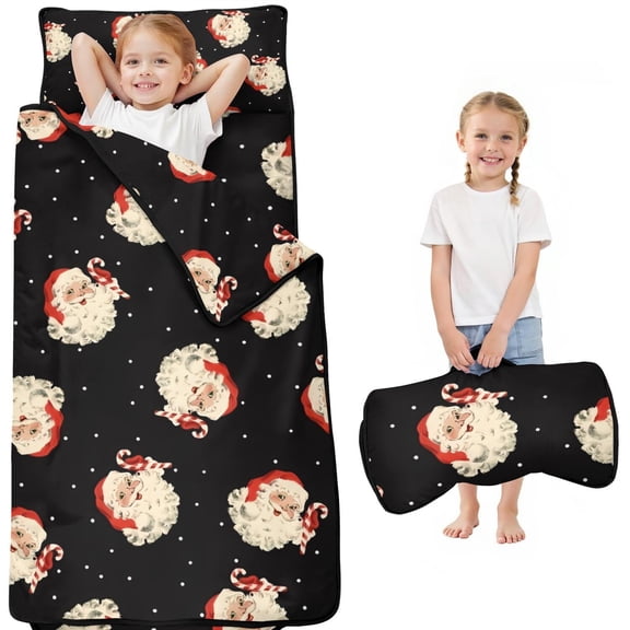 Black Christmas Santa Pattern Toddler Nap Mats for Kids Preschool,50"x20" Sleeping Mat Bag or Kids,Toddler Sleeping Bag,Toddler Nap Mat or Daycare