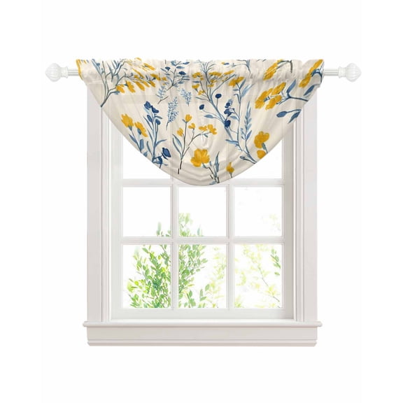 Blue Yellow Spring Floral Sheer Waterfall Valance Curtains for Window, Summer Blooms Botanicals Rod Pocket Sheer Topper Swag Curtains for Living Room, Kitchen 38.5"W x 47.2"L, 1 Panel