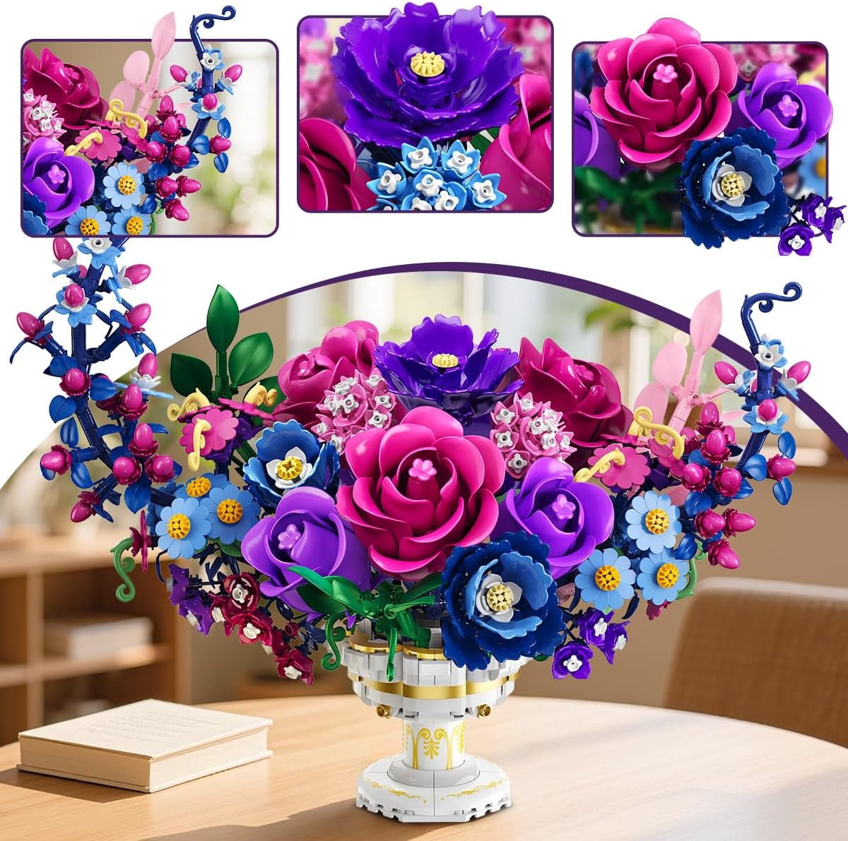 TERRAMUS Moon Flower Bouquet Building Set with LED Light, 1274 Pcs Crescent Shape Floral Building Kit, Lunar Flower Display Model Blocks Toy for Ages 12+