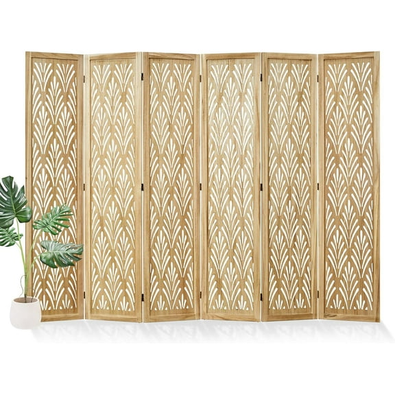 Folding Room Divider, 66.9 Inch Wood Carved Privacy Screens, Free Assembled Freestanding Simple Decorative Partition for Home Office Restaurant Bedroom (6 Panels, Natural)