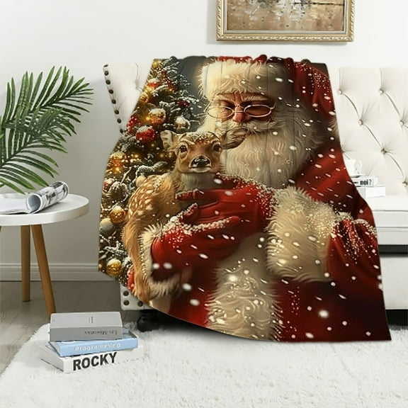 Pratyus Santa Claus Deer Christmas Tree Throw Blanket for Couch Outdoor Unisex Gift Long-lasting All Seasons Comfort 40x50in