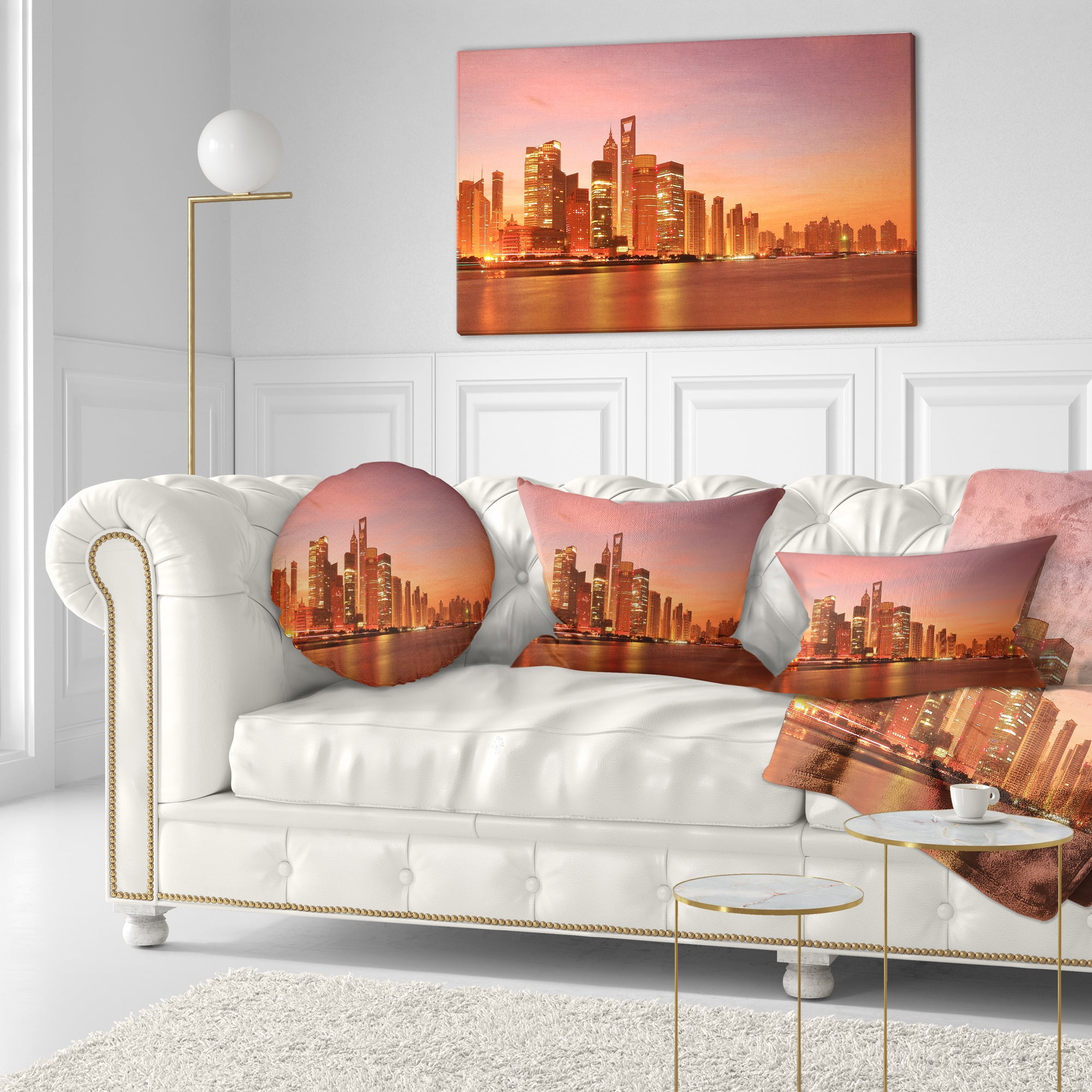 Designart Shanghai Skyline at Dawn - Cityscape Photo Throw Pillow - 12x20