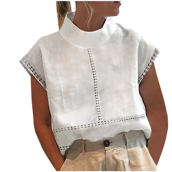 Hauts d'Été en Coton et Lin pour Femmes, T-Shirt Ample à Oeillets à Manches Courtes Style Cap, Blouse Élégante à Col Montant pour Tenue Habillée Décontractée