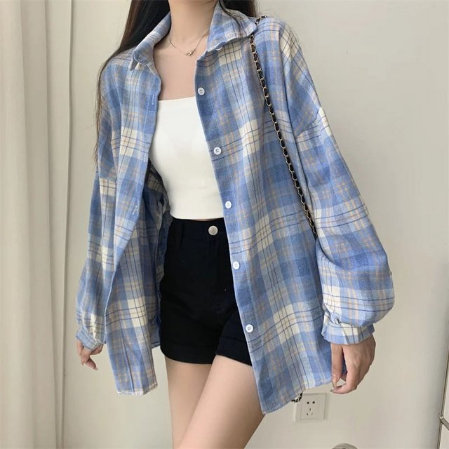 Camisa a cuadros para mujer, Top de manga larga de otoño, blusa Vintage a la moda con una botonadura, camisas holgadas a cuadros de estilo Preppy para mujer