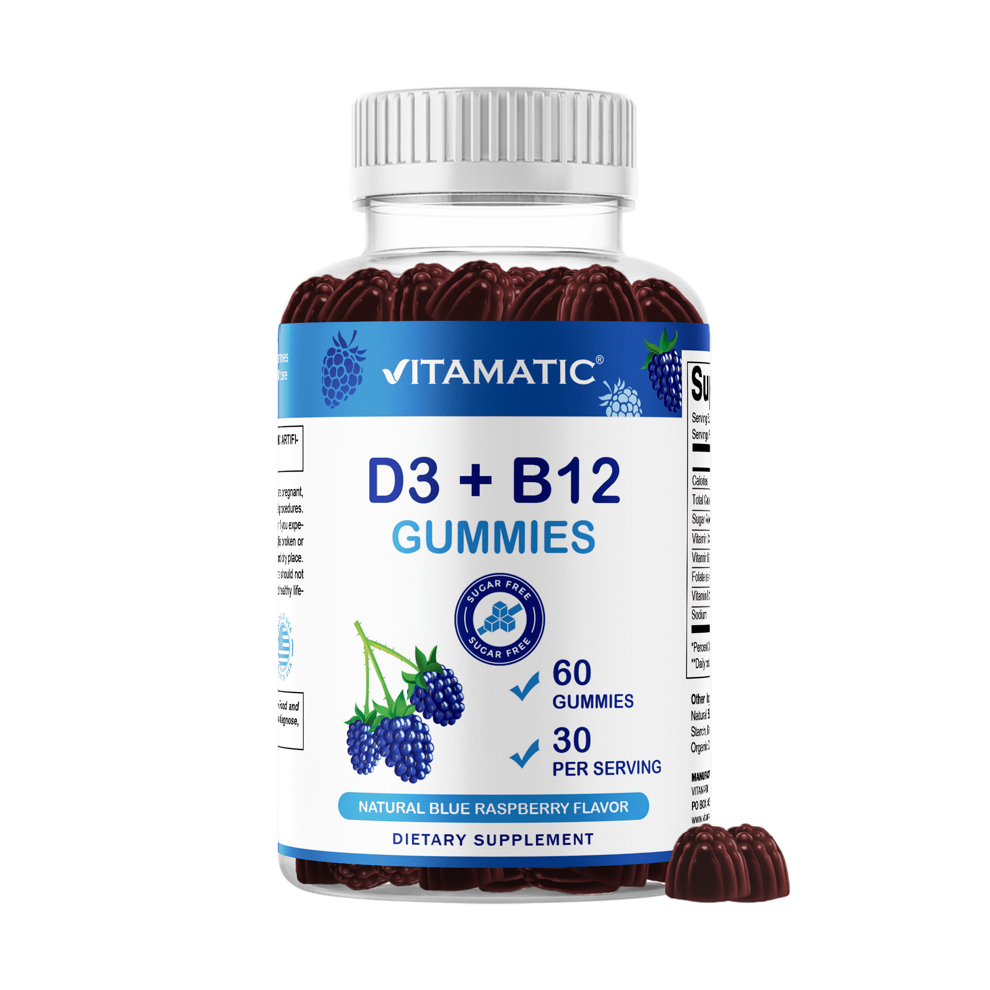 Vitamatic Vitamin D3 + B12 Gummies Made with Folate & Vitamin B6 - Natural Blue Raspberry Flavor – 60 Gummies – Made in the USA