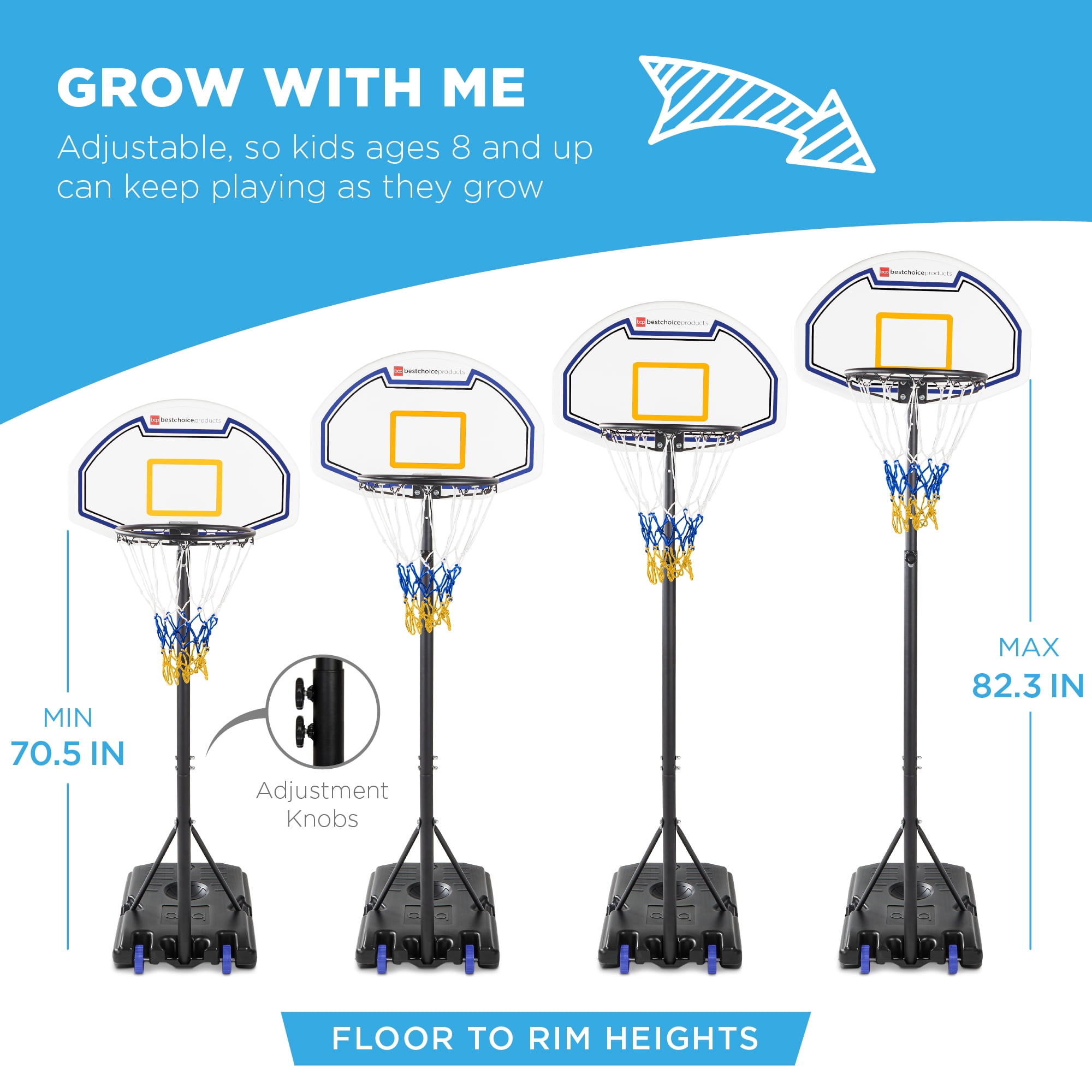 Best Choice Products Kids Height-Adjustable Basketball Hoop, Portable Backboard System w/ 2 Wheels - Blue/Yellow