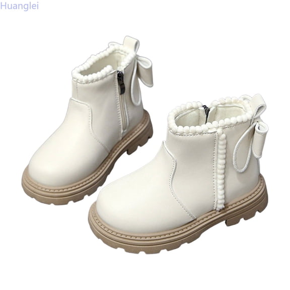 Huanglei Toddler Girls Leather Ankle Boots Back Bow Pom Side Zip Fall Boots(White)