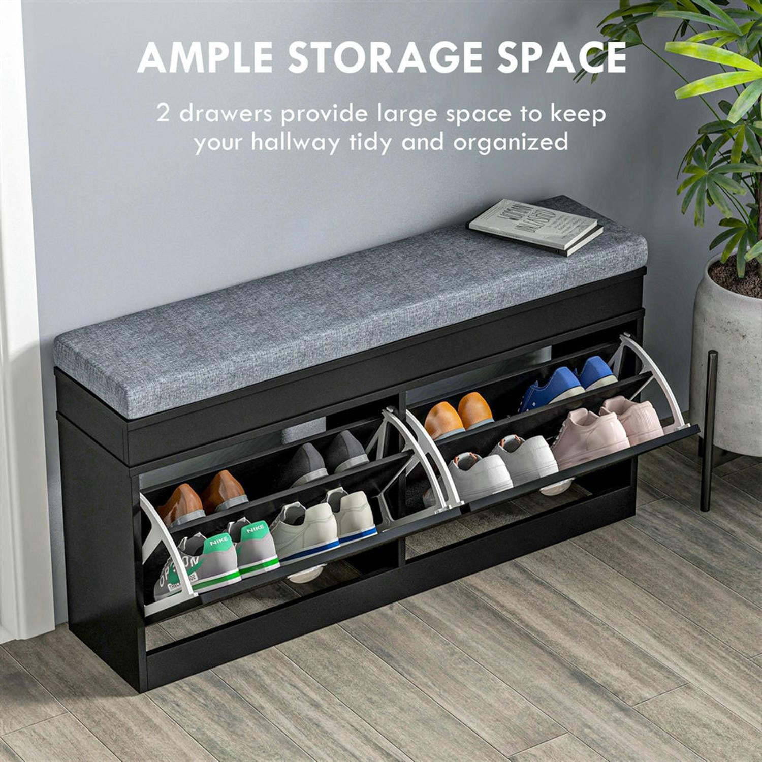 Demi Bonn 41" Modern Storage Bench with Cushion, Entryway Bench, 2 Drawer Ottoman, Large Capacity for 8 Pairs Shoes, Black