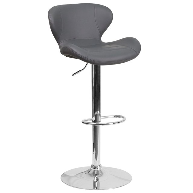 Contemporary Blue Fabric Adjustable Height Barstool with Curved Back and Chrome Base