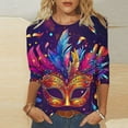 thumbnail image 2 of miqiqism Womens Tops 3/4 Sleeve Shirts Funny Mask Print Tshirt Crewneck Pullover Tee Blouses 2025 Carnival Party,01 Purple,Large, 2 of 5