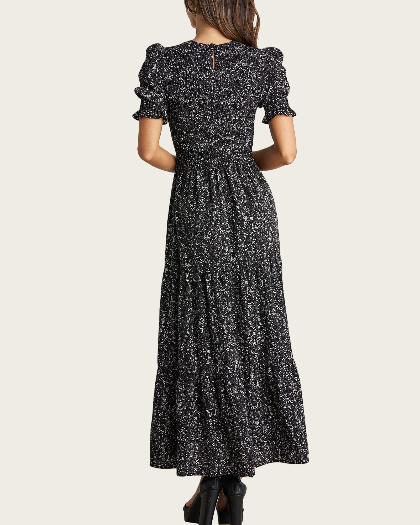 FreshPretty Women Casual Summer Dresses Spring Crew Neck Ruffle Short Sleeve Floral Print Smocked Boho Flowy Maxi Dress
