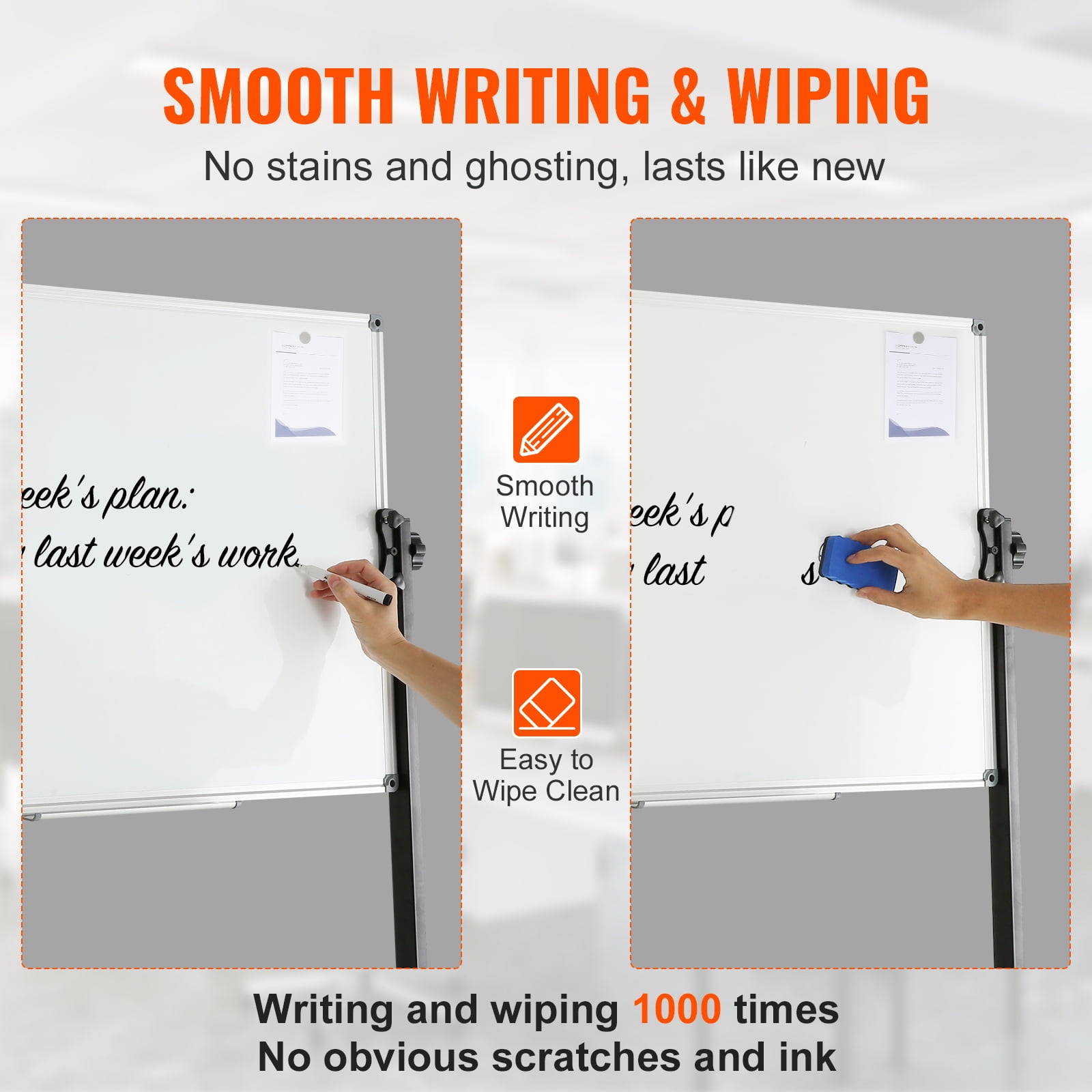 KFFKFF Movable Magnetic Whiteboard, Dual-faced Mobile Dry Erase Board 36x24 Inches, Height Modifiable with Rollers, Includes 1 Magnetic Eraser & 3 Dry Erase Markers & Portable Tray for Office, School