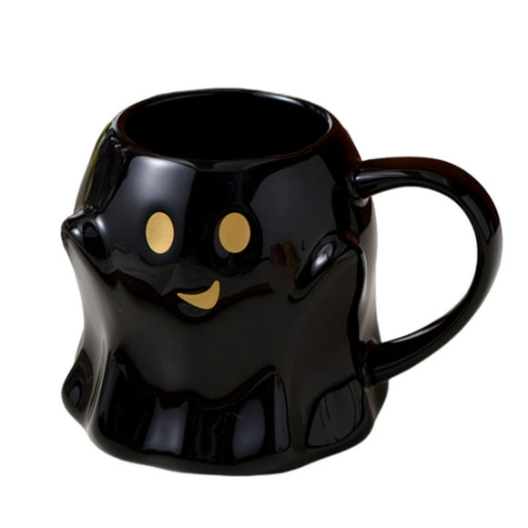 Taza de café linda con cara sonriente y fantasmas Bearachild 3D negro