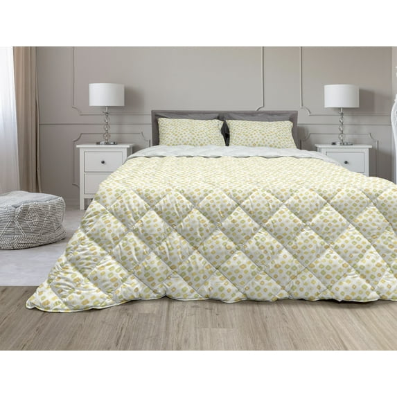 Floral Comforter & Sham Bedding Set, Summer Kitchen Design Cartoon Shaped Little Flowers Daisy Print, 3 pcs Duvet Set Microfiber Filling Quilt, 5 Sizes, Pale Green Yellow, by Ambesonne