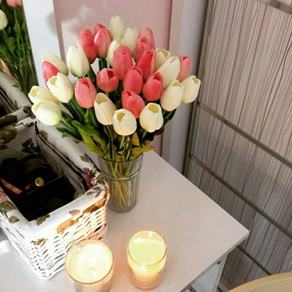 Pack of 10 / 20 PU Mini Artificial Tulip Fake Flower Real Touch Wedding Flower Bouquet for Home Party Decoration