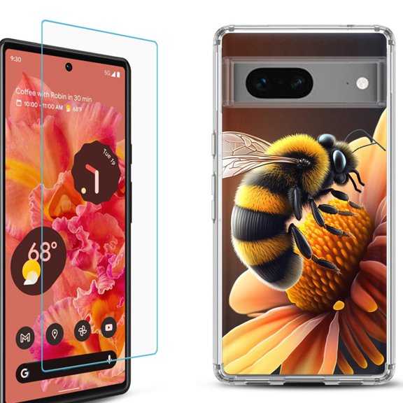 OneToughShield ® for Google Pixel 7a Shockproof Bumper Phone Case, with Tempered Glass Screen Protector - Bee