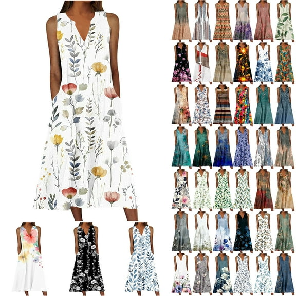 JTZGDY Floral Dresses for Women Plus Size Summer V Neck Sleeveless Vintage Printed Boho Long Tank Dress Loose Flowy Beach Maxi Sundress with Pockets Multicolor#31 L