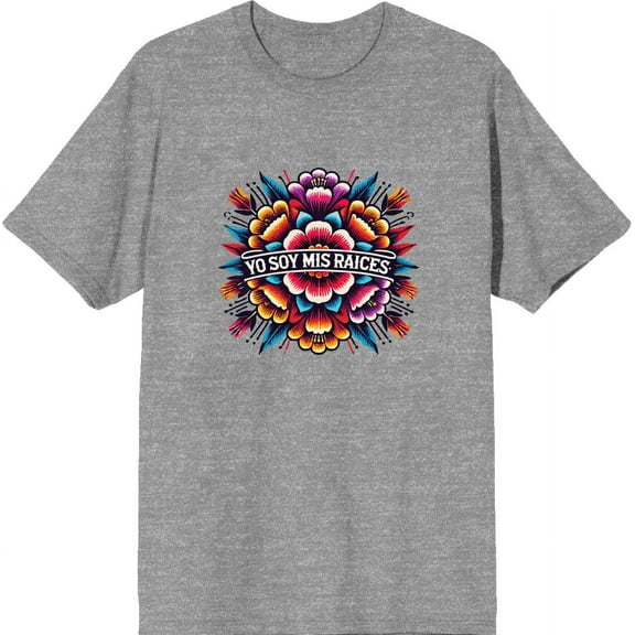 Yo Soy Mis Raices Floral Art Adult Heather Gray Crew Neck Short Sleeve Tee-Large