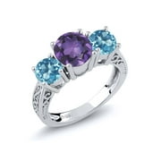 Gem Stone King 2.10 Cttw 925 Sterling Silver Purple Amethyst and Swiss Blue Topaz 3-Stone Engagement Ring | Three Stone Wedding Anniversary Promise Ring for Women | Available in Size 5, 6, 7, 8, 9