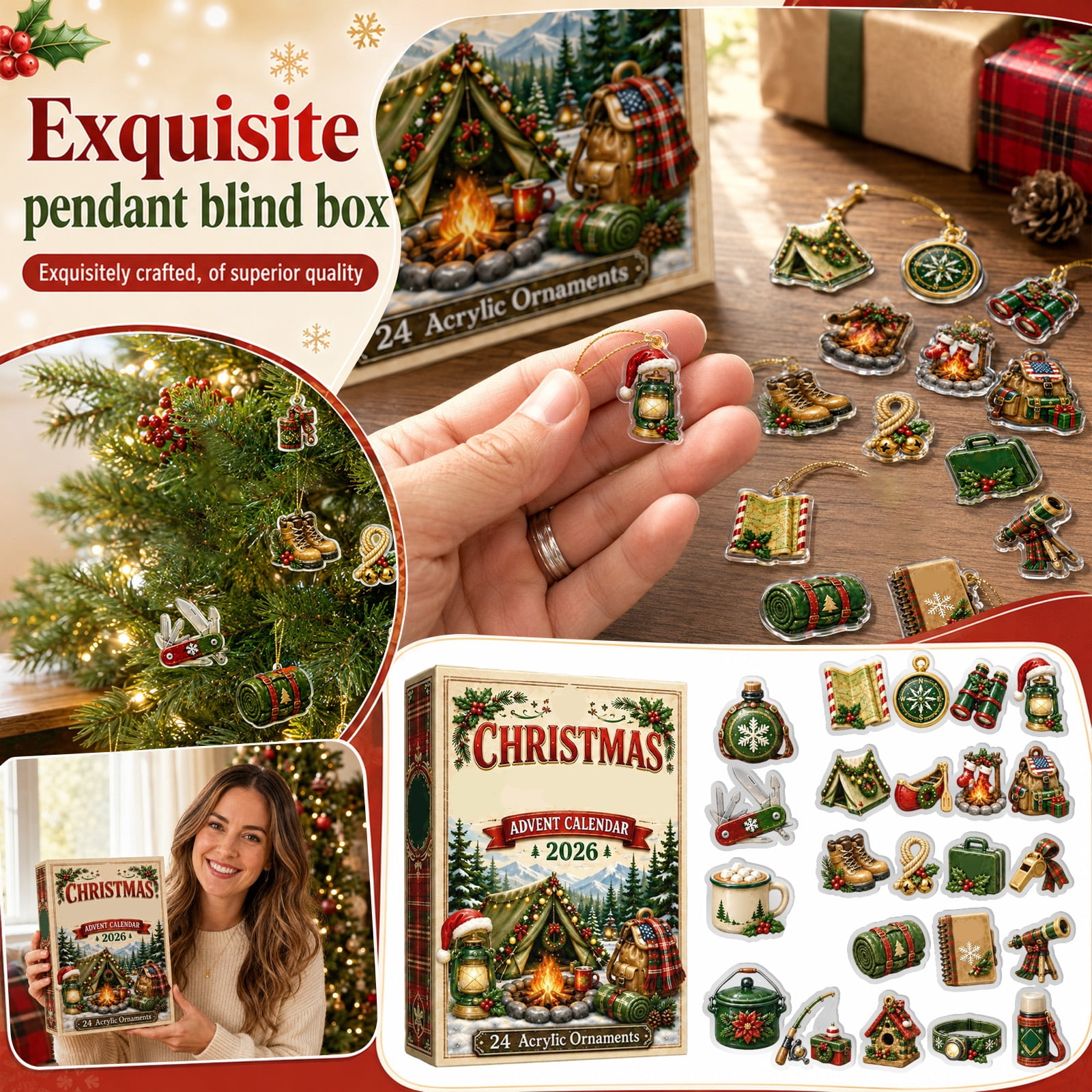 Christmas Advent Calendar 2026 with Acrylic Camping Theme Set of 24 Outdoor Adventure Design for Holiday Tree Decorations Christmas Ornaments Set