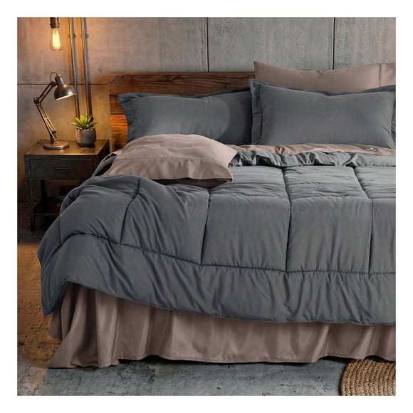 Set Edredón Queen Size + Funda De Almohada + Sábanas 7 Pzas Real Textil Gris - Tabaco