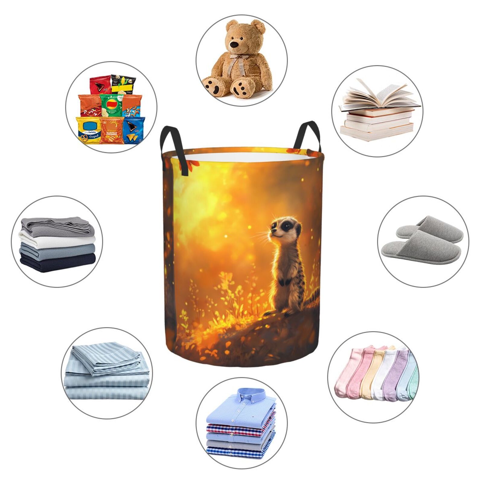 Large Laundry Basket with Handles - Warm Autumn Maple Leaf Meerkat Kids Baby Dirty Clothes Laundry Hamper for Bedroom Aesthetic
