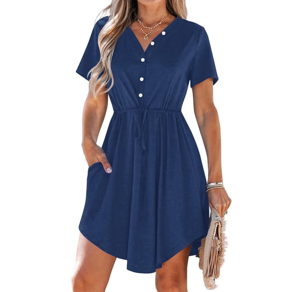 Weiqiqre Womens Dresses Summer Drawstring Button Front Short Sleeve V Neck Mini Dress Short Sleeve Sundress