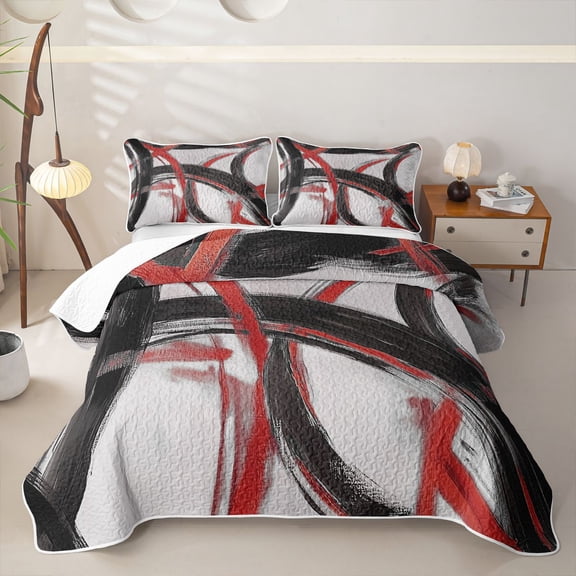 Homewish Red Black Circle Twin Quilt Set,Modern Abstract Twin Coverlet Set,2-Piece