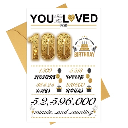 Uxcell 100th Birthday Card Happy Birthdays Card Time Greeting Card with Envelope for Girl Boy Women Gift Friend Birthday Decorations Gold Tone
