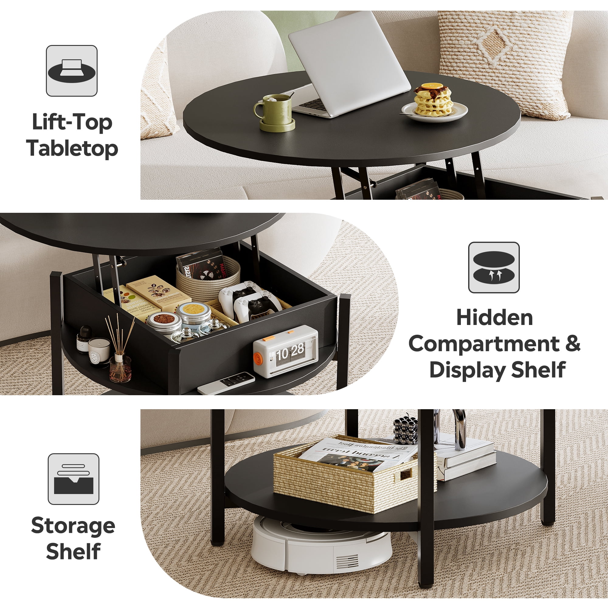 GALAXHERO Round Lift Top Coffee Table with Hidden Compartment and Storage Shelf, Farmhouse Small Coffee Table with 2 Tier for Living Room Black