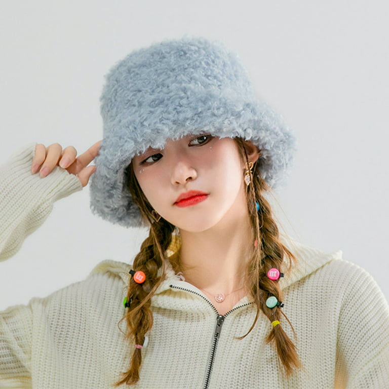 WGOUP Women's Volume Wool Fisherman's Cap Thickened Autumn And Winter Warm  Color Plush Hat,Light blue 